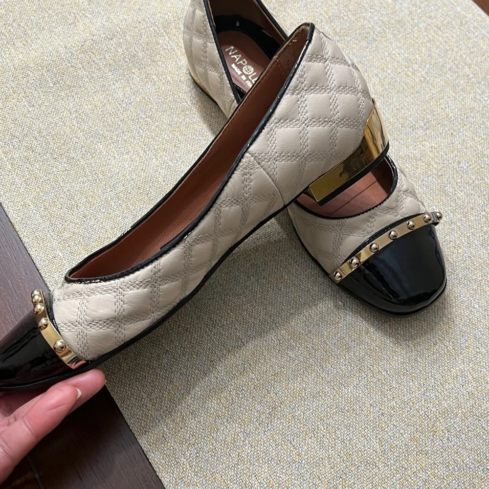 ❤️Napoleoni Women's Black and Cream Quilted Flats